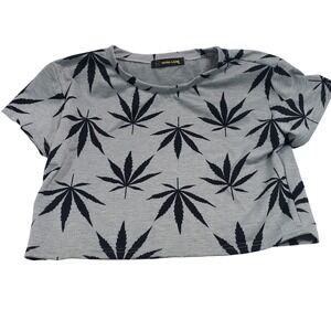 Mira Luxe‎ Womens Pot Leaf Print Crop Top Size L Gray Black